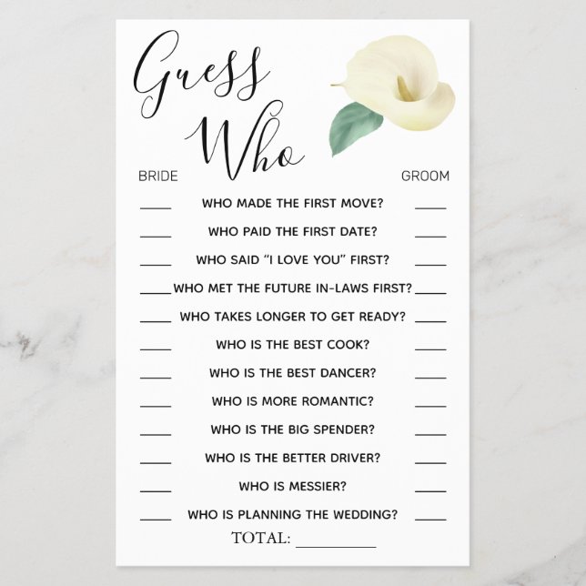 Calla Lily Guess Who Bridal shower game card Flyer (Front)