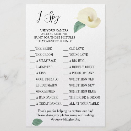 Calla Lily I spy wedding reception game card Flyer
