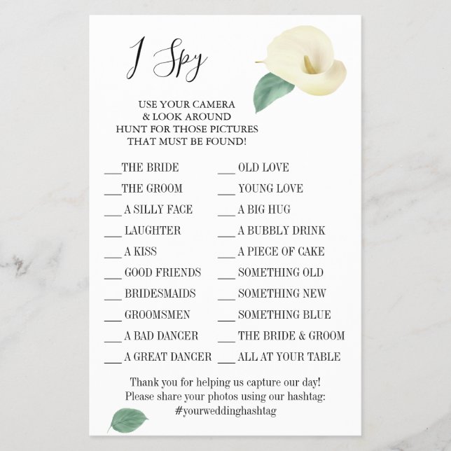 Calla Lily I spy wedding reception game card Flyer (Front)