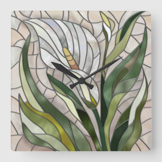 Calla Lily Mosaic Art Square Wall Clock (Front)