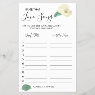 Calla Lily Name that love song shower game card Flyer