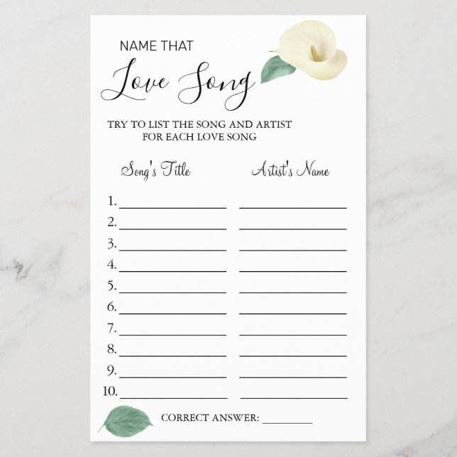 Calla Lily Name that love song shower game card Flyer (Front)