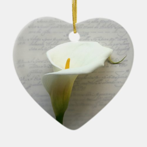 calla lily on old handwriting heart ornament