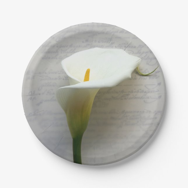 Calla lily on old script paper plates (Front)