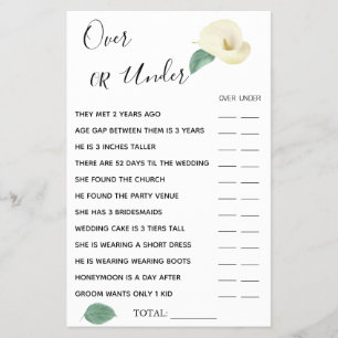 Calla Lily Over or Under Bridal shower game card Flyer