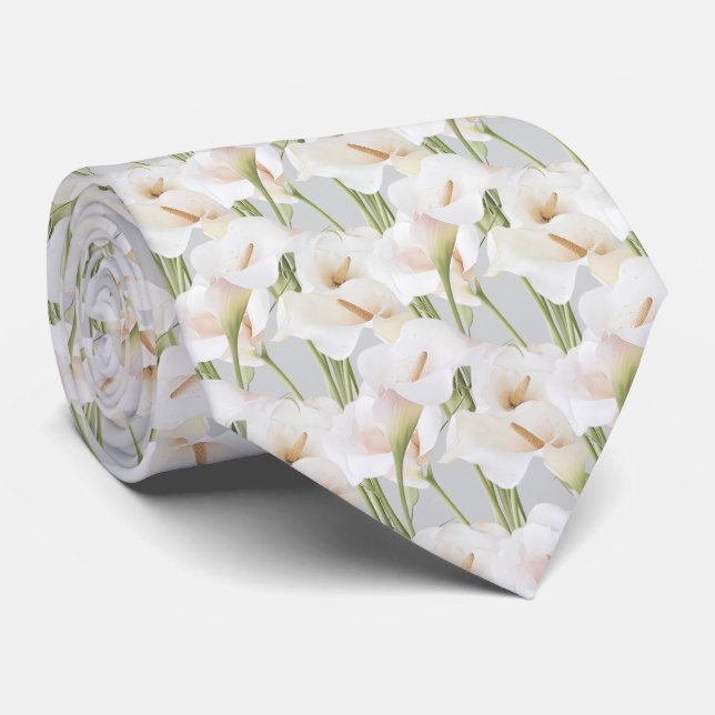 calla lily pattern on light grey neck tie (Rolled)