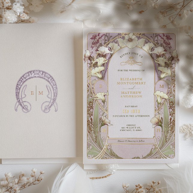 Calla Lily Rose Gold Foil Wedding Invitation Mucha (Creator Uploaded)