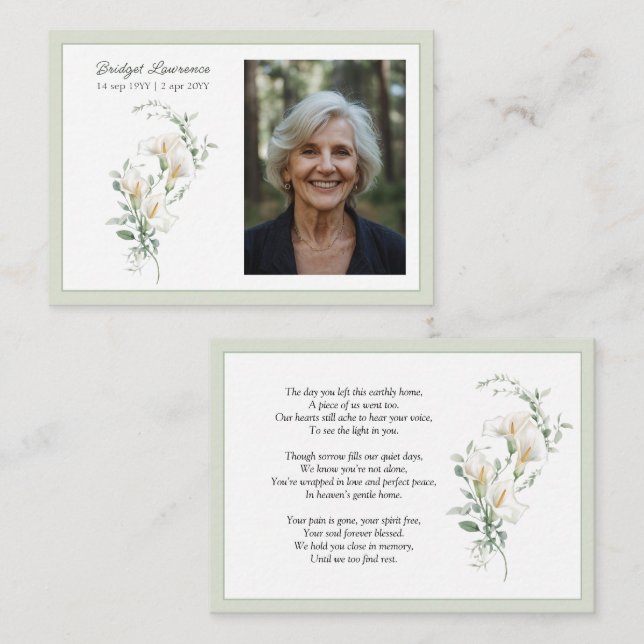 Calla Lily Sage Green Memorial Photo Prayer Card (Front/Back)