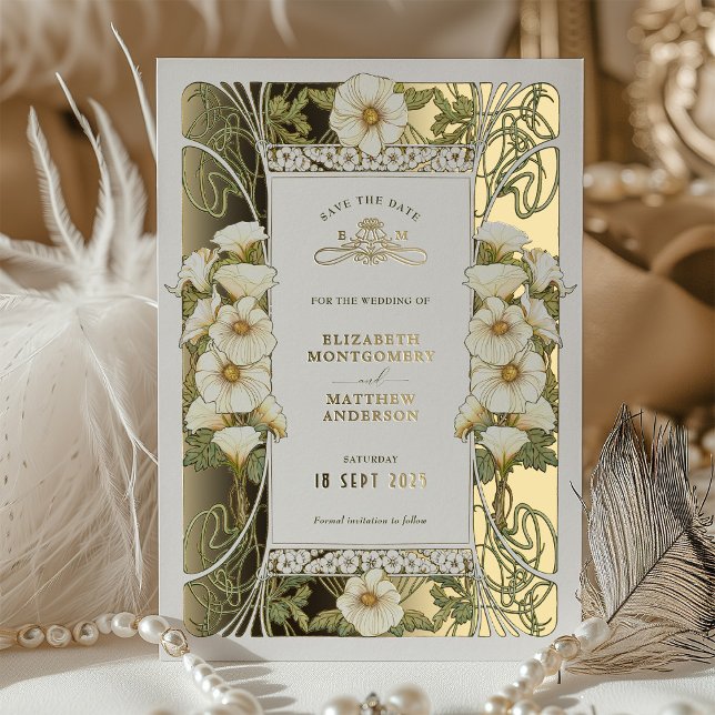 Calla Lily Save the Dates Art Nouveau Mucha Foil Invitation (Creator Uploaded)