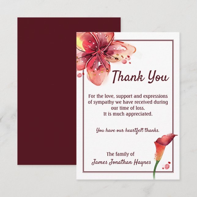 Calla Lily Thank You Funeral Sympathy Card (Front/Back)