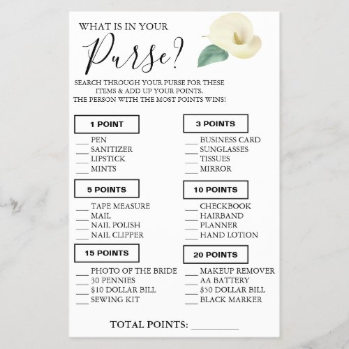 Calla Lily What is in your purse Shower game card Flyer