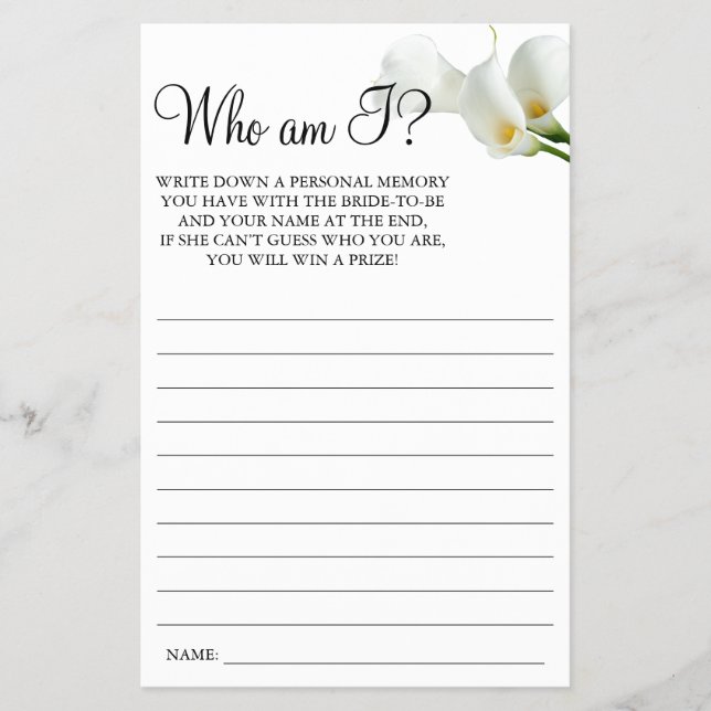 Calla Lily Who I am Bridal shower game card Flyer (Front)