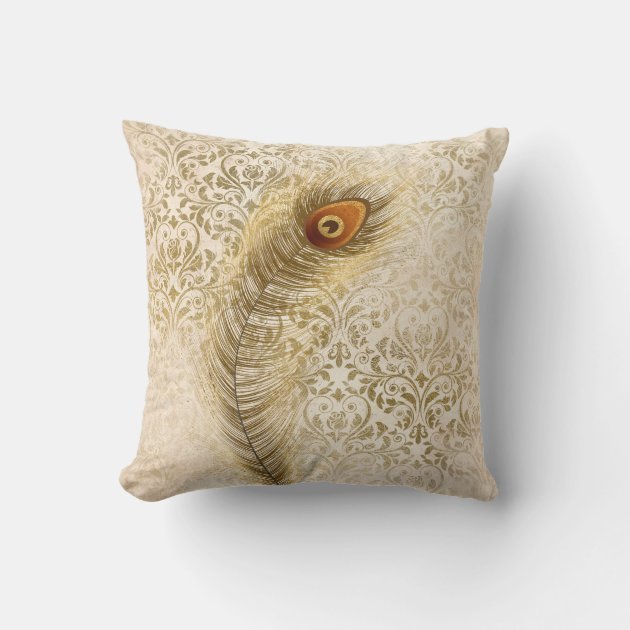 Calla Peacock Feather Gold Damask Vintage Throw Pillow Zazzle