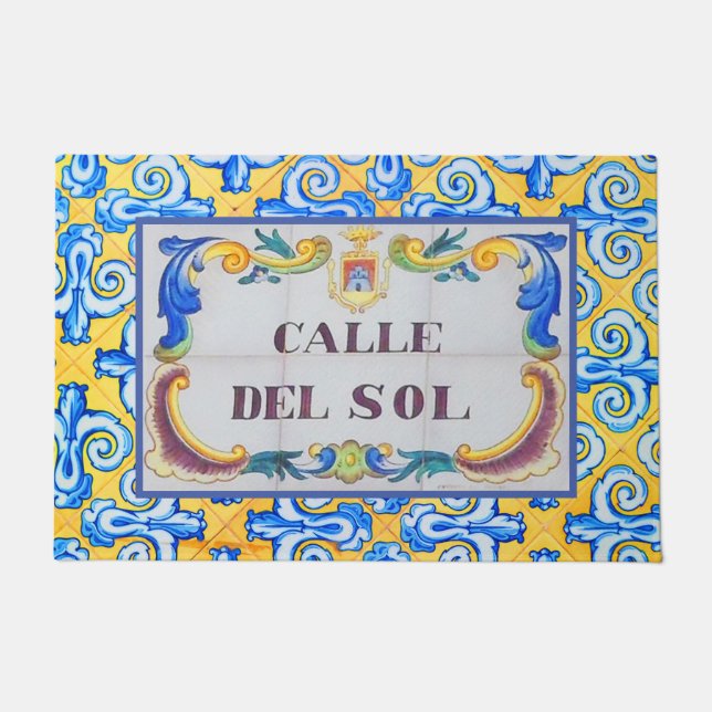Calle Del Sol Spanish Street Name, Blue Yellow Doormat (Front)