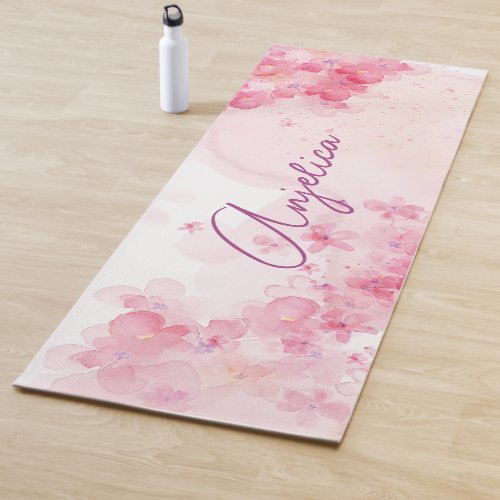 Calligraph Feminine Pink Flowers Yoga Mat