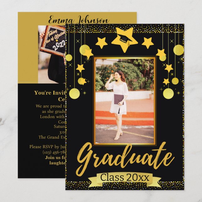 Calligraph Gold & Black Vertical Photo Graduation  Invitation (Front/Back)
