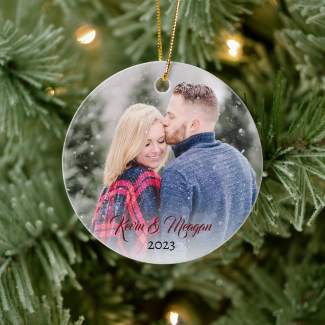 Calligraph Script | Family Name Double Sided Photo Ceramic Ornament (Tree)