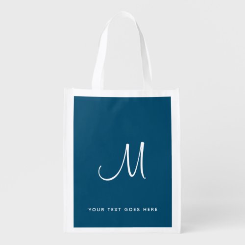 Calligraphed Monogram Custom Elegant Ocean Blue Grocery Bag