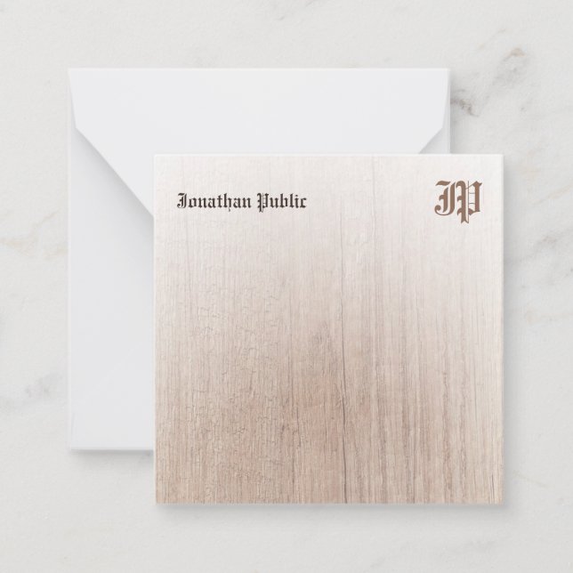 Calligraphed Monogram Wood Look Personalized Note Card (Front)