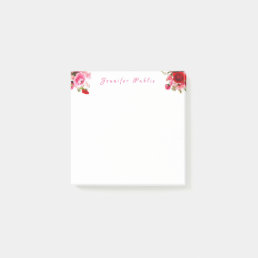 Calligraphed Name Text Watercolor Roses Floral Post-it Notes