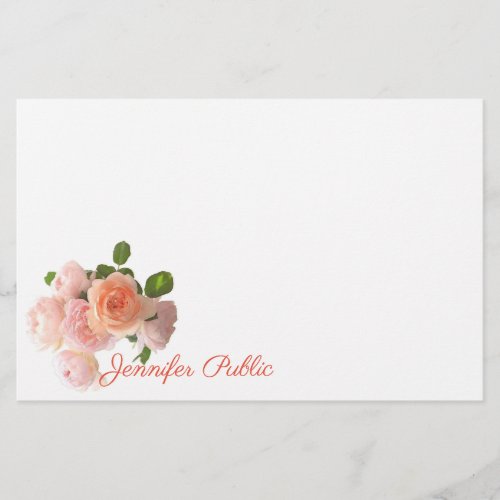 Calligraphed Name Watercolor Roses Floral Template Stationery