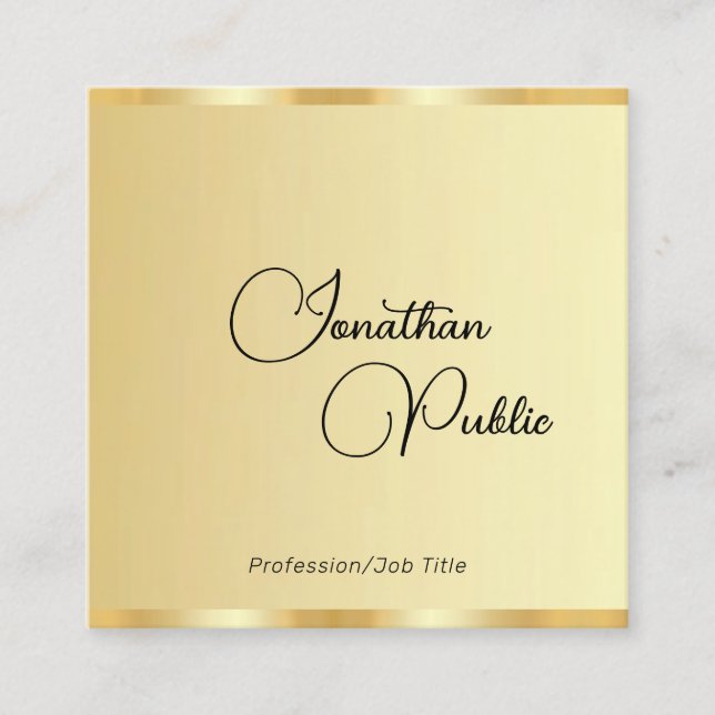 Calligraphed Script Faux Gold Template Modern Square Business Card (Front)