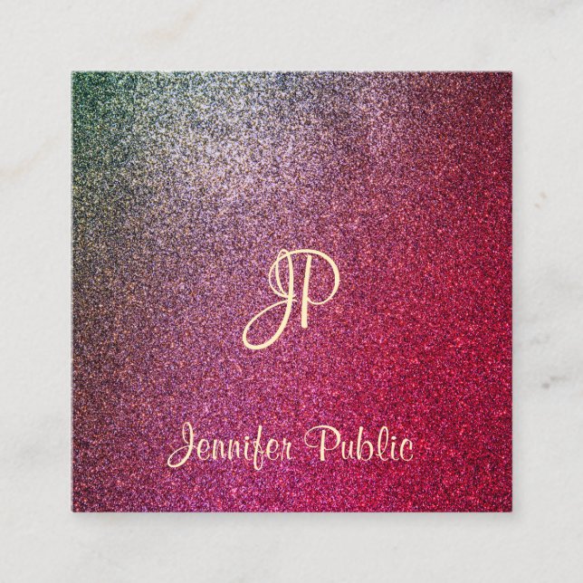 Calligraphed Script Modern Glamorous Glitter Square Business Card (Front)