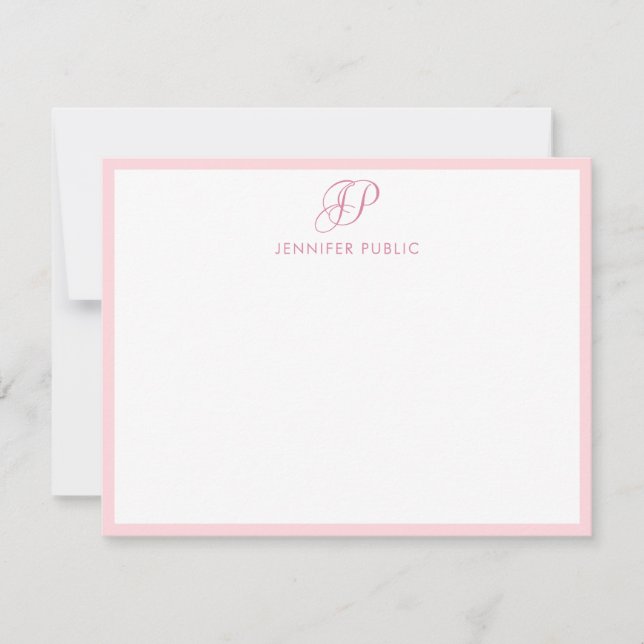 Calligraphed Script Monogram Modern Blush Pink Note Card (Front)