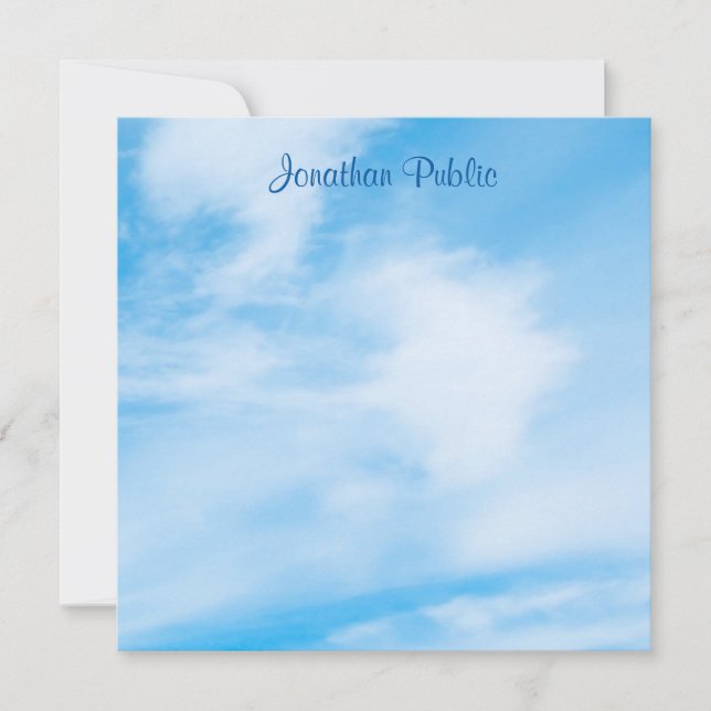Calligraphed Script Name Blue Sky White Clouds Note Card (Front)