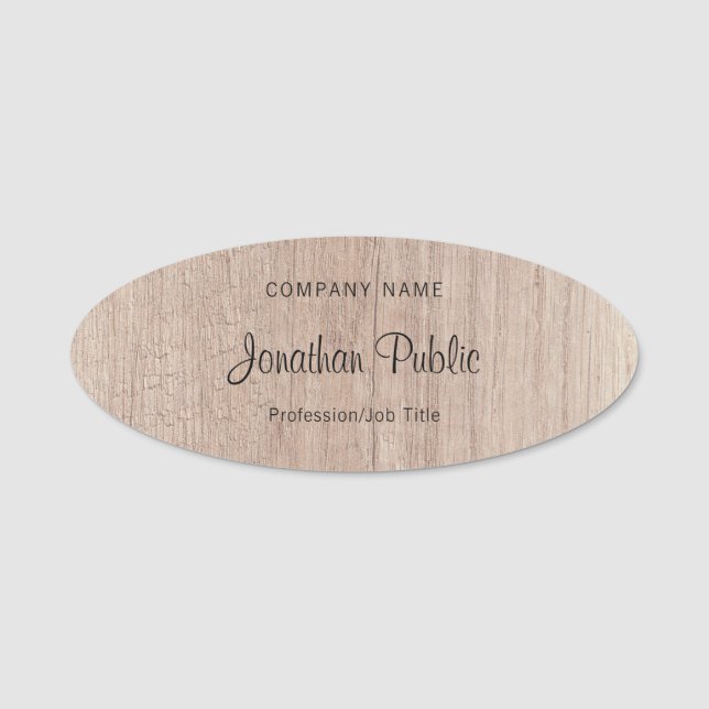 Calligraphed Script Template Elegant Wood Look Name Tag (Front)