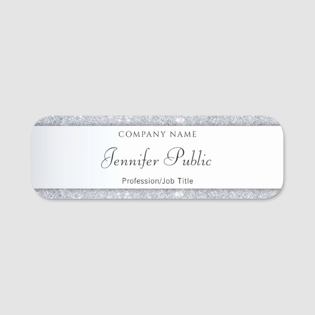 Calligraphed Silver Glitter Elegant Template Name Tag (Front)