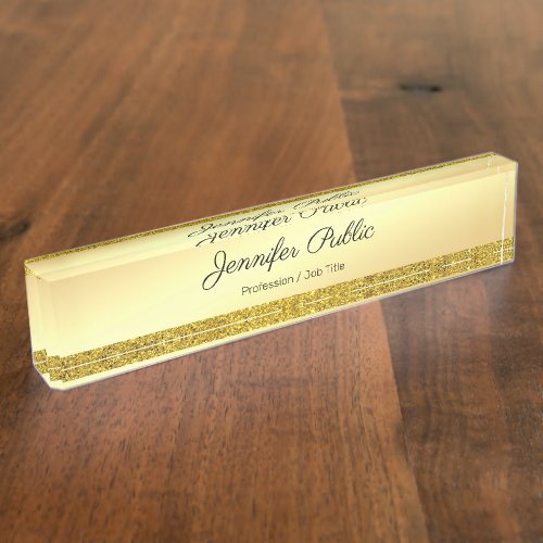 Calligraphed Text Name Elegant Gold Glitter Modern Desk Name Plate