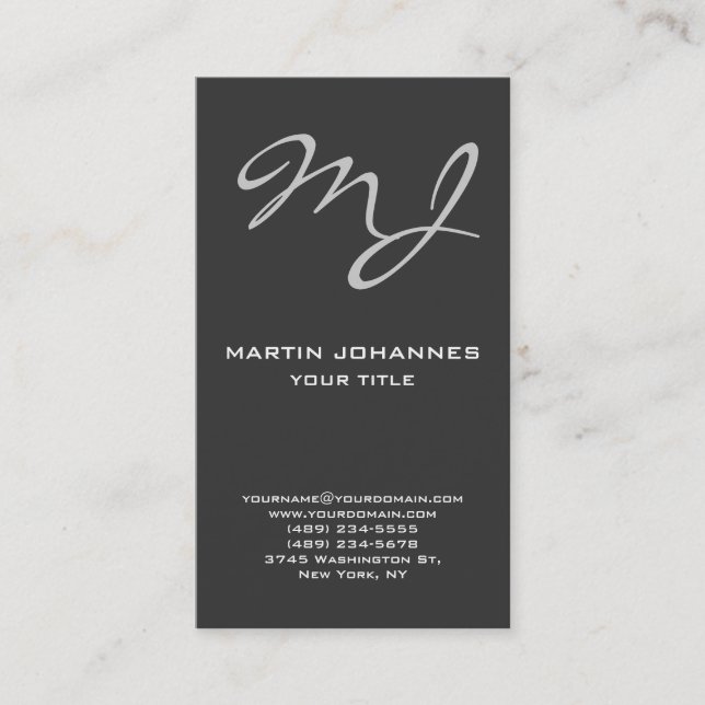 Calligraphic Monogram Dark Grey Business Card (Front)