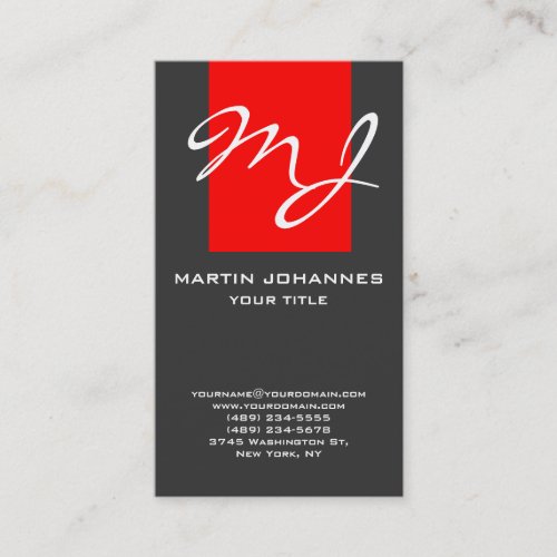 Calligraphic Monogram Red Dark Grey Business Card