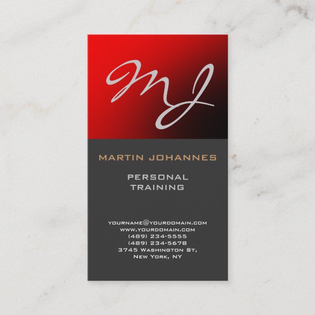 Calligraphic Monogram Red Grey Business Card (Front)