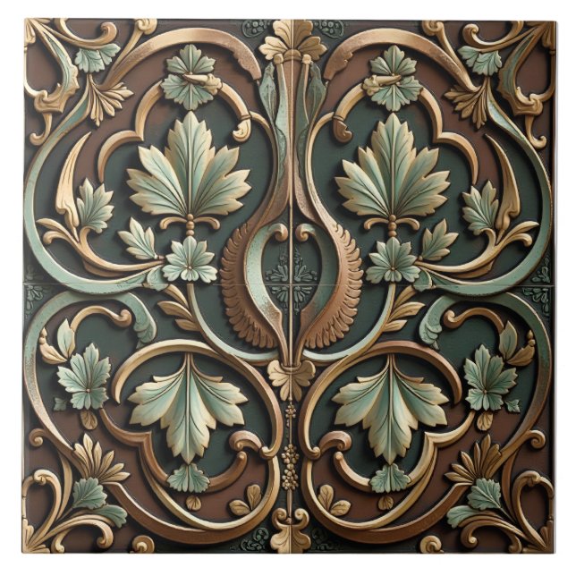Calligraphic Patina Bloom Ceramic Tile (Front)