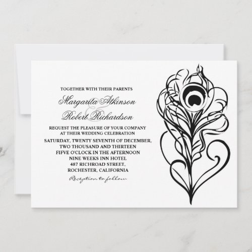calligraphic peacock feather wedding invitations