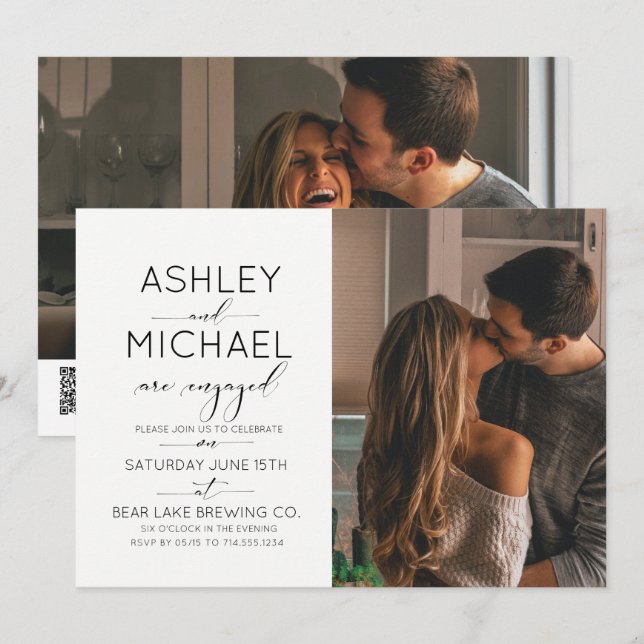 Calligraphy 2 Photo QR Code Engagement Party Invitation (Front/Back)