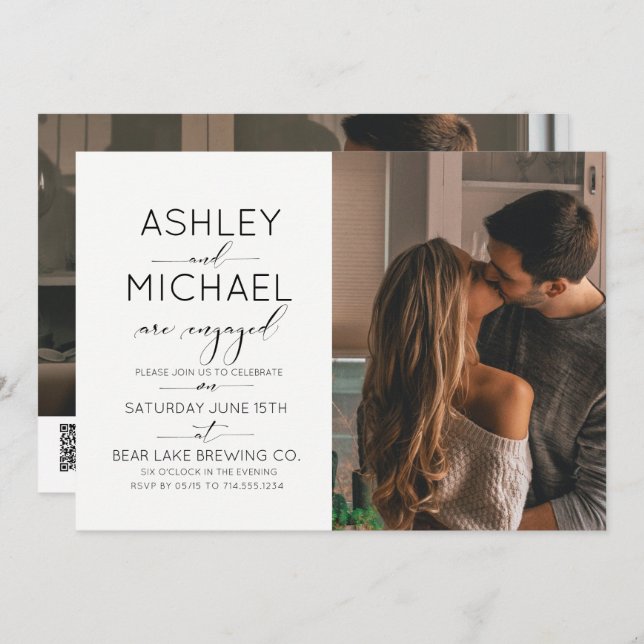 Calligraphy 2 Photo QR Code Engagement Party Invitation (Front/Back)