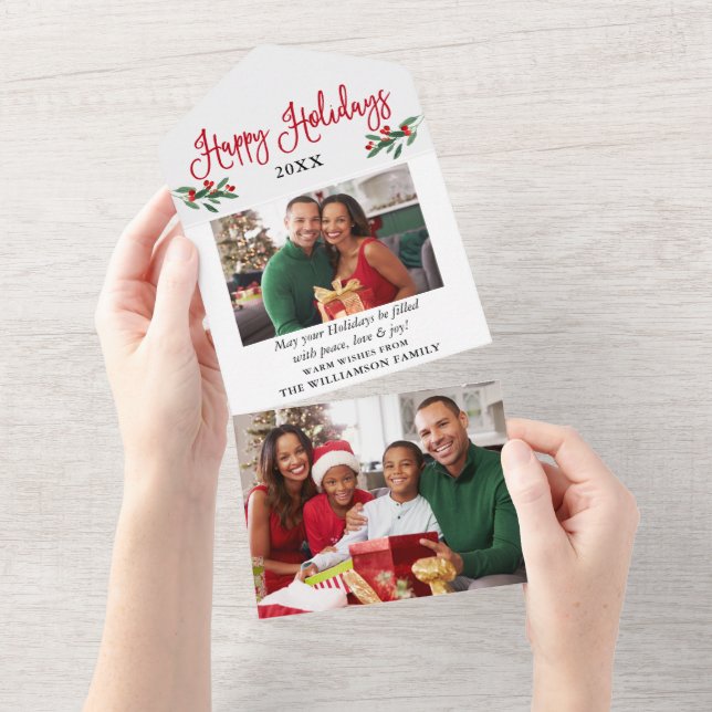 Calligraphy 2 Photo Red All In One Holiday Card (Tearaway)