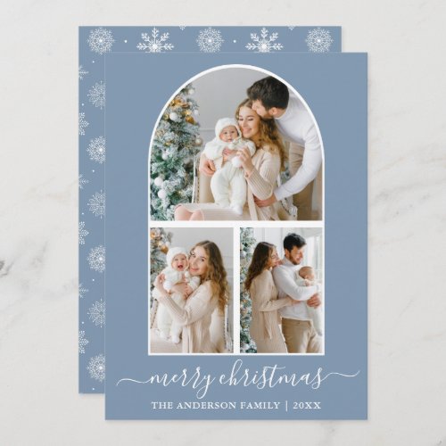 Calligraphy 3 Photo Arch Snowflakes Dusty Blue Holiday Card