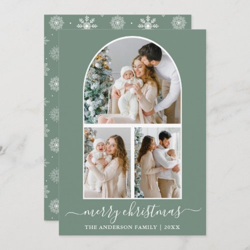 Calligraphy 3 Photo Arch Snowflakes Sage Green Holiday Card