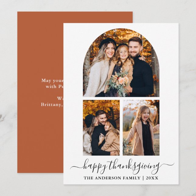 Calligraphy 3 Photo Arch Thanksgiving Terracotta Holiday Card (Front/Back)