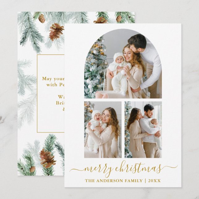 Calligraphy 3 Photo Arch Watercolor Pine Gold Holiday Card (Front/Back)