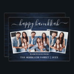 Calligraphy 3 Photo Blue Wood Happy Hanukkah Holiday Card<br><div class="desc">Modern Trendy Calligraphy Script 3 Photo Family Photo Collage Happy Hanukkah Card - Rustic Country Blue Wood</div>