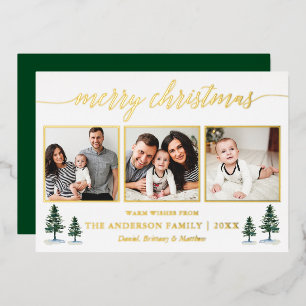 Calligraphy 3 Photo Christmas Green Pines Gold Foil Holiday Card