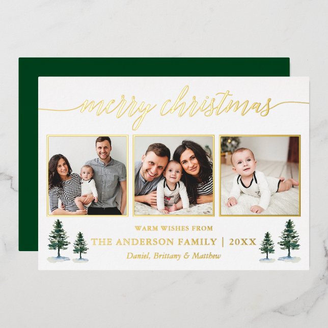 Calligraphy 3 Photo Christmas Green Pines Gold Foil Holiday Card (Front/Back)