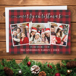 Calligraphy 3 Photo Christmas Red Buffalo Plaid Holiday Card<br><div class="desc">Modern Trendy Calligraphy Script 3 Photo Family Photo Collage Merry Christmas Card - Red Buffalo Plaid</div>