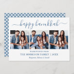 Calligraphy 3 Photo Dusty Blue Gingham Hanukkah Holiday Card<br><div class="desc">Modern Trendy Calligraphy Script 3 Photo Family Photo Collage Happy Hanukkah Card - Dusty Blue and White Plaid Gingham Back</div>