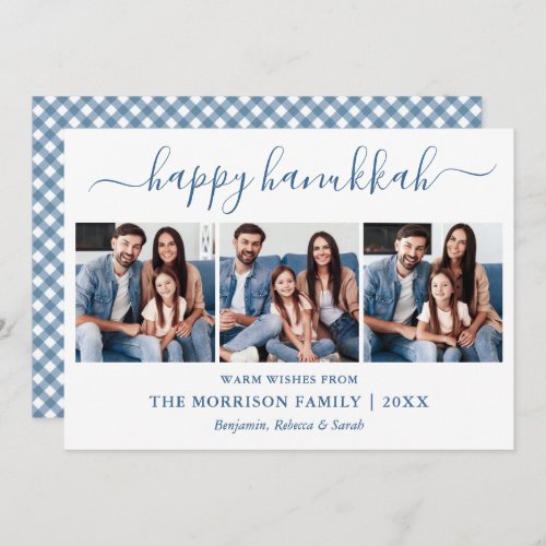 Calligraphy 3 Photo Dusty Blue Gingham Hanukkah Holiday Card